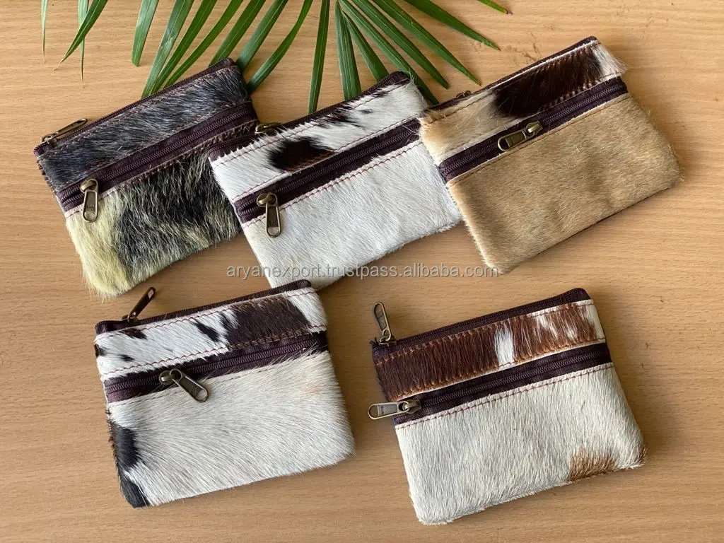Real Handmade Hair On Hide Fur Leather Coin Change Purse Oval  Credit Card Holder Case  Western Stylish Cute Small Oval  Wallet