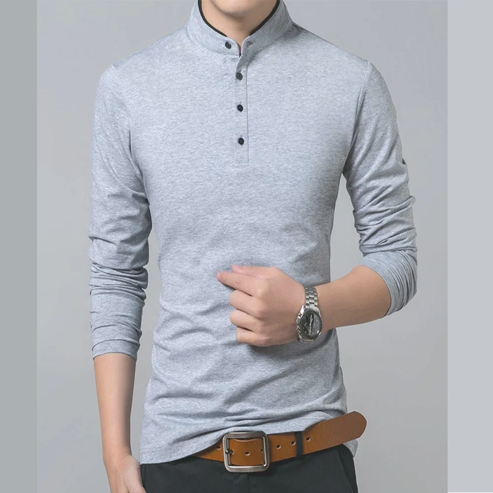 Wholesale Men Cotton T Shirt Full Sleeve T-shirt Men Solid Color T-shirts tops tees Mandarin Collar Long Shirt