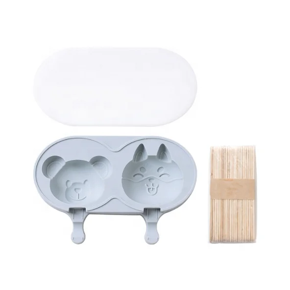 Amazing 2 Cavities Homemade DIY Reusable Silicone Animal Shaped Ice Cream Pop Maker Mold with Lids and Wooden Sticks