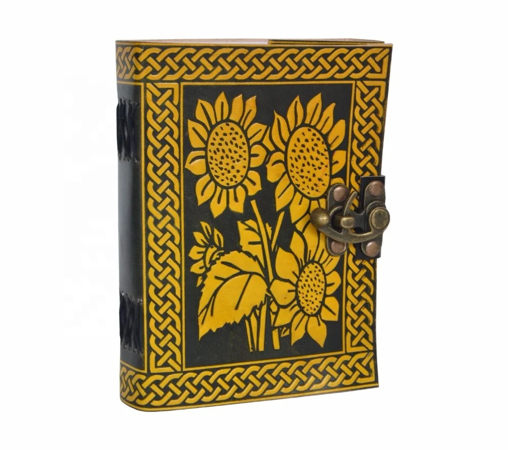 Yellow Sunflower Embossed Handmade Genuine Leather Journal Blank White Paper A5 Notebook Book Of Shadow Diary With Antique Lock