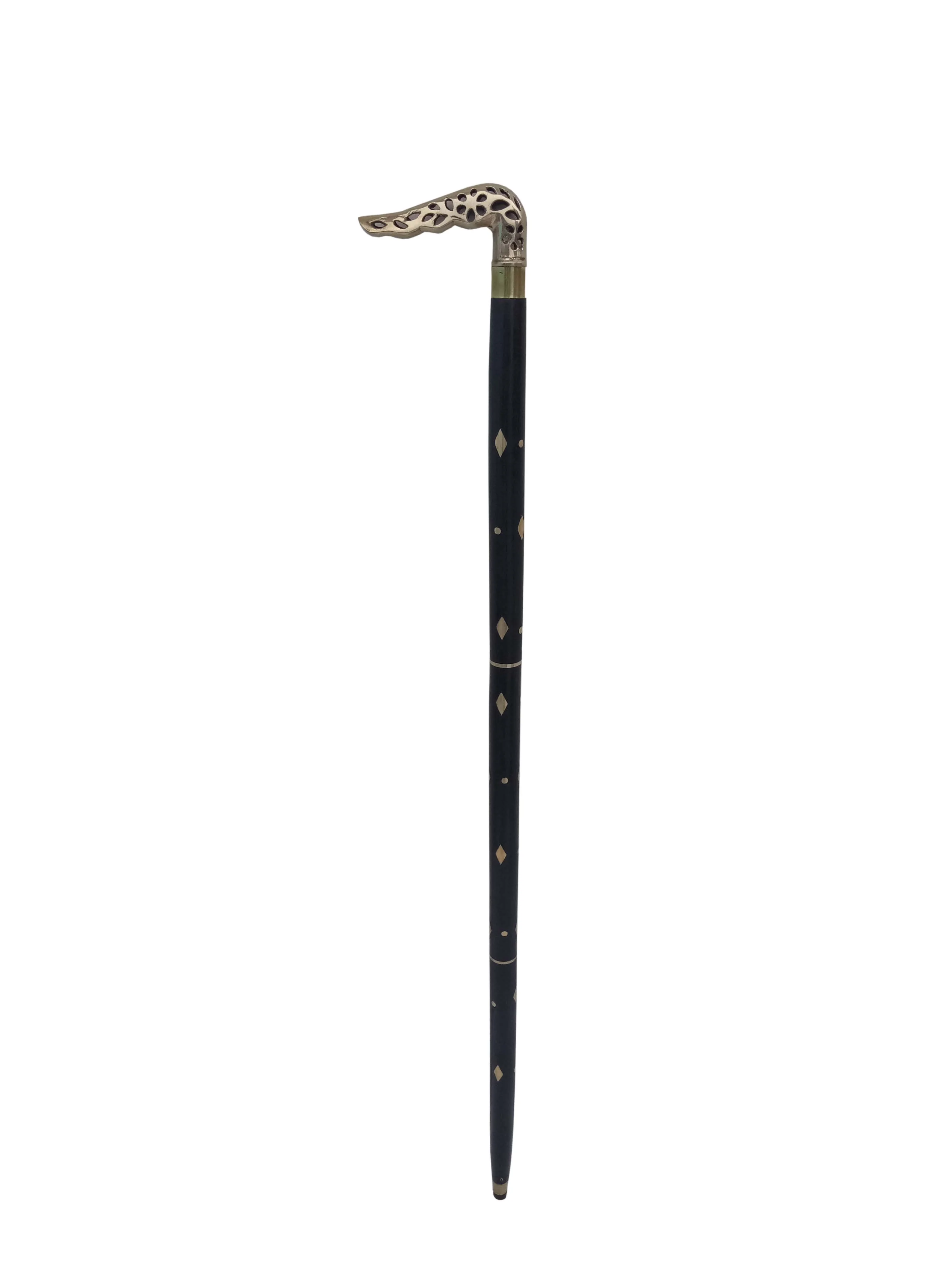 Nautical Vintage Design Black Wood Walking Stick with Brass Leaf Design Handle 36 inch Wooden Foldable Walking Stick