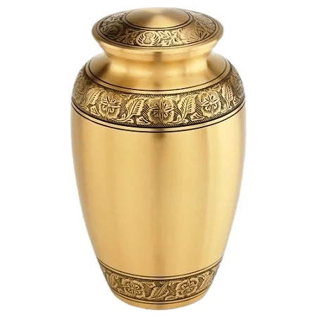 Matte Gold Finish with Hand Engraved Leaves and Flowers Band on Lid , Top and Bottom Classic Brass Adult Cremation Urn 10.25Hx6.25D inches 2.3Kg BCU-19A.png