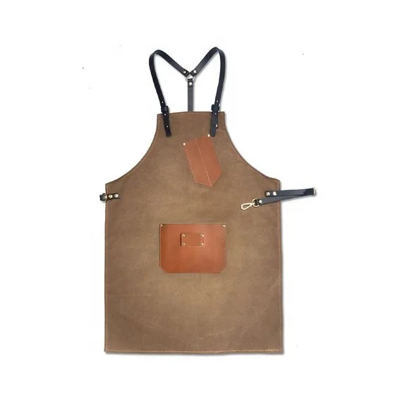 Custom Khaki Waxed Canvas Apron With Leather Pocket And Leather Cross Body Straps Chef BBQ Cooking Coffee Shop Gift