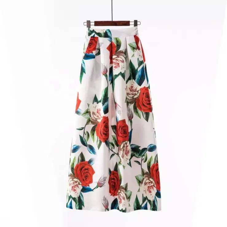 Women Summer Skirts 2022 Vintage Printed Chiffon Skirt Bow Waist Casual Holiday Beach Midi Skirt With Lining New Design