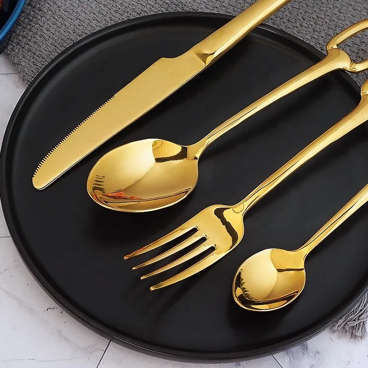 Gold Plated Mirror Polished Cutlery With Square Buckle Hook Handle Of knife Fork And Spoon Set For Gift Wedding Party