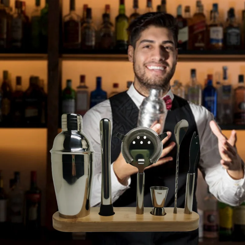 2024 Custom Logo Luxury Mixology Stainless Steel Bar Tools Set Cocktail Shaker Set with Bamboo Stand Boxed Wine Utensils