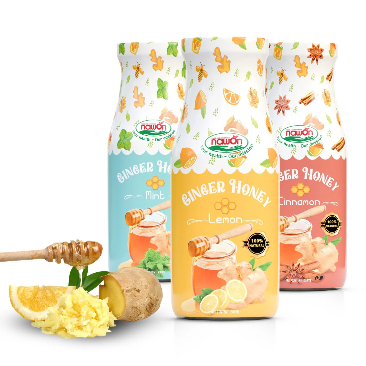 Vietnam Factory Wholesale Ginger Juice With Honey and Lemon Drink Glass Bottle 280ml Private Label OEM/ODM Manufacture Beverage