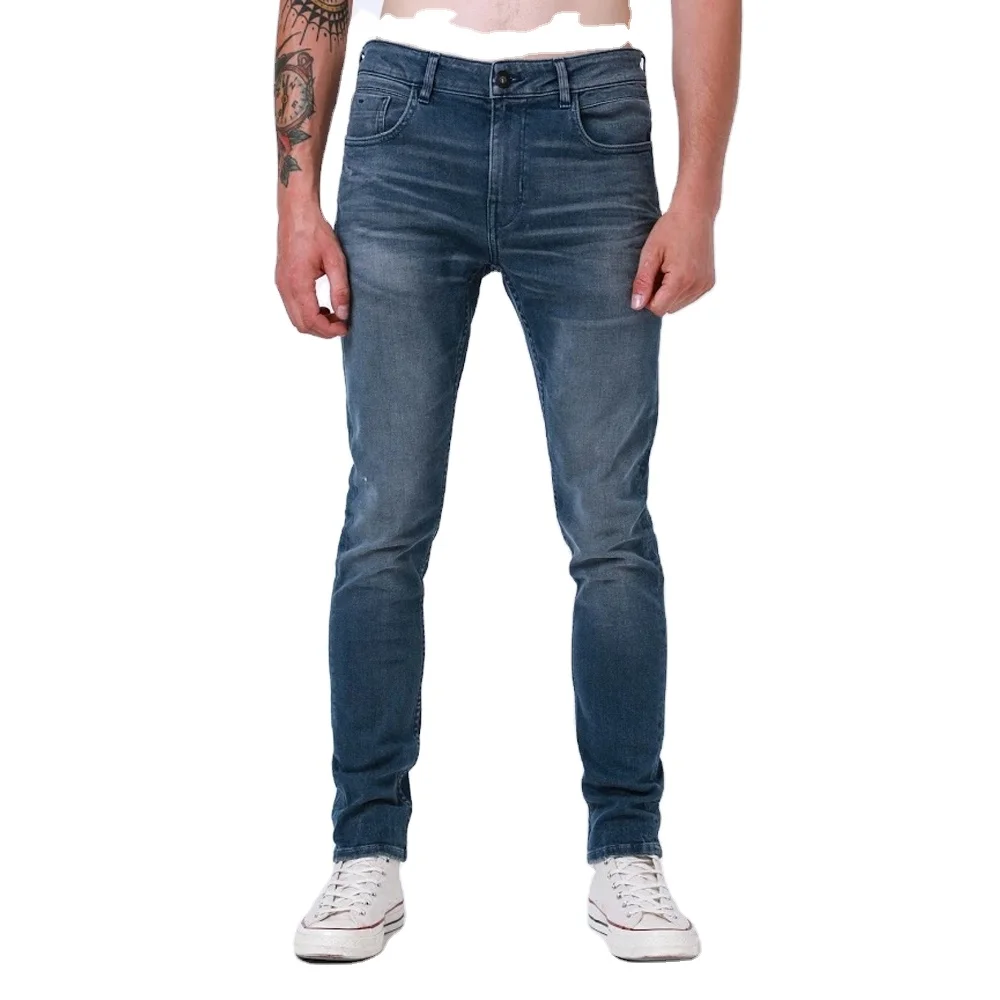 Hot selling high quality stretch skinny biker men jeans with ripped selvedge monkey wash elastic slim