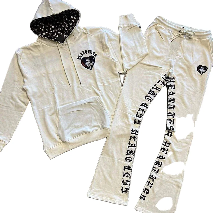 Custom Acid Washed Sweat Suits 100% Cotton French Terry Oversized Tracksuit Heavyweights Men Flare Sweatpants And Hoodie Set