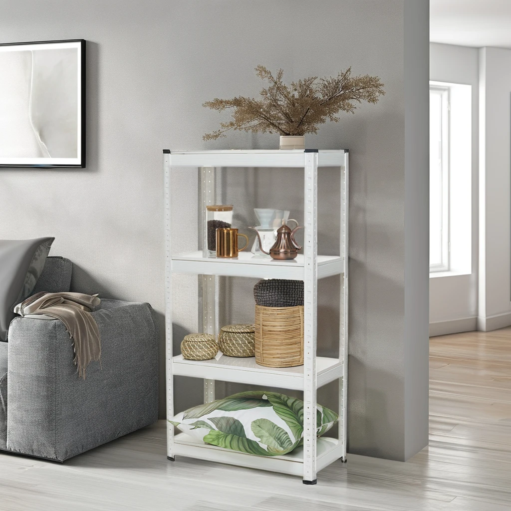 4-Tier White Metal Storage Organizer 3-Floor Warehouse and Kitchen shelves Standing Type for Food and Item Storage