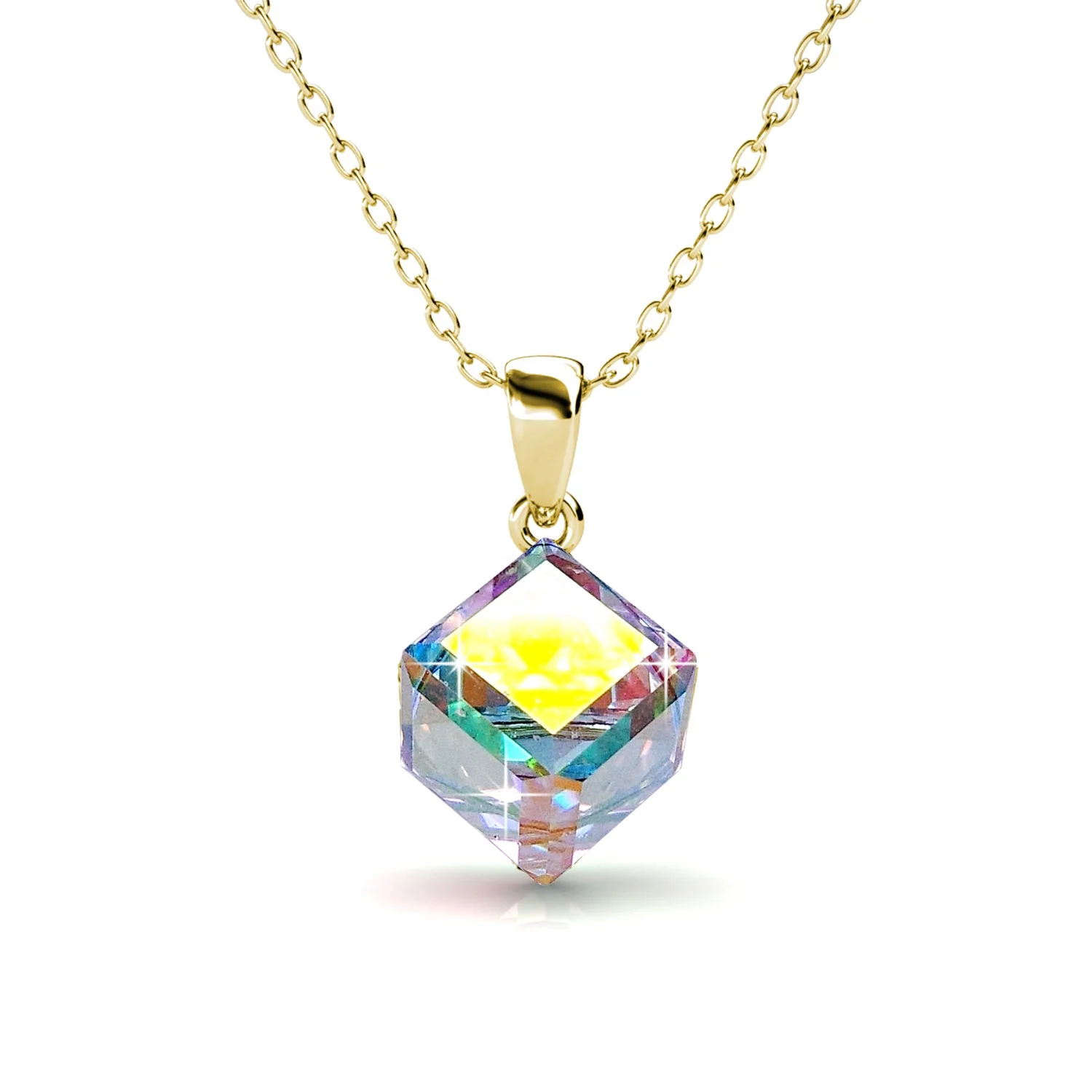 Sterling Silver  925 Premium Austrian Crystal Jewelry Colorful Classic Cube Pendant Tiny Necklace For Women Destiny Jewellery