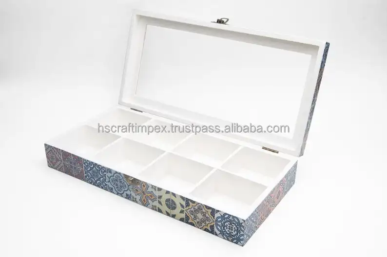 Деревянная чайная коробка премиум-класса с 8 отделениями органайзер для чайных пакетиков мозаикой со стеклянной крышкой и коробкой из МДФ.