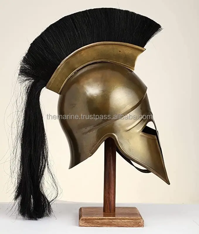 Medieval Knight Spartan Greek Corinthian Helmet With Black Hair Plume & Wooden Stand  Halloween Party Costume For Adults .