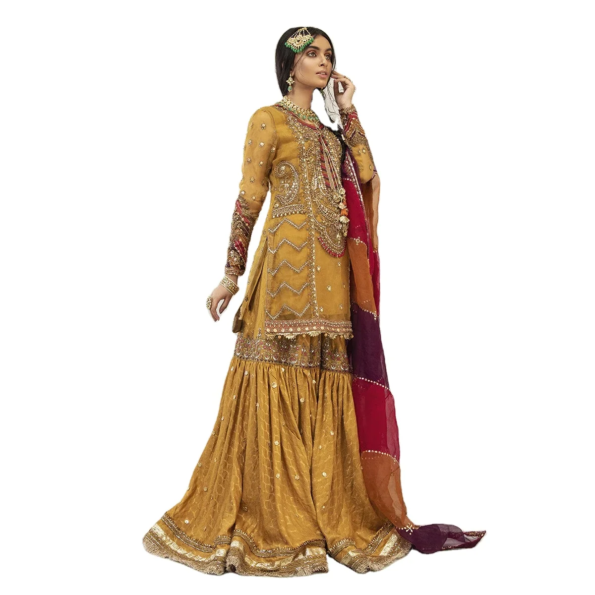 YELLOW COLOR Pakistani Custom size Muslim women dress with embroidery print design Pakistani Dress for Women WS INTERNATIONAL