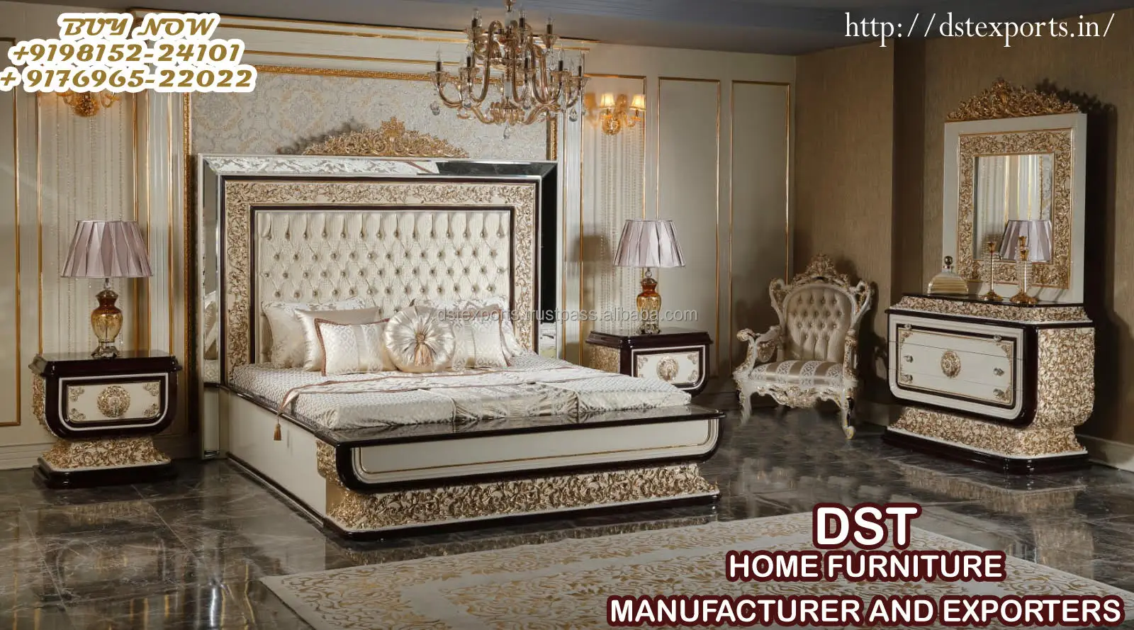 Современная кровать Maharaja большого размера с боковыми табуретами из тикового дерева тумбочками Классическая королевская