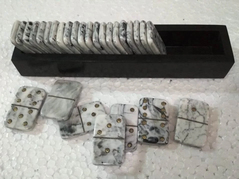 Handmade Fine Quality Grey Resin 28 chips and Tray Domino Games for Kids and Adults
