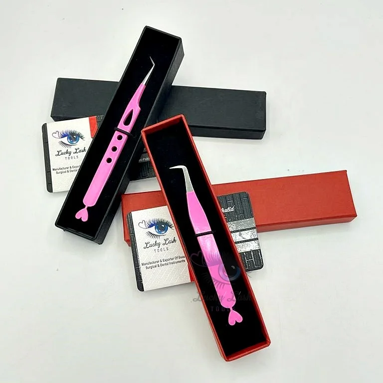 Powder Coating Pink Color Heart Shape Tail Eyelash Extension Tweezers Solid Stainless Steel false Eyelashes Customized Label