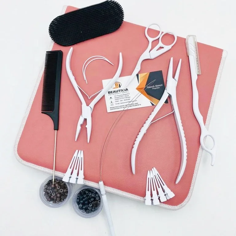 Best Selling White Matte Hair Extension Tool Kit Set Professional Hair Pliers With Micro beads, Alligator Clips, Scissors , Loop
