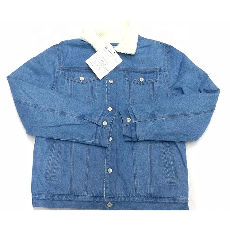 Fancy light blue casual bomber streetwear men jean denim jacket Custom Top Quality Faux Fur Denim Jacket