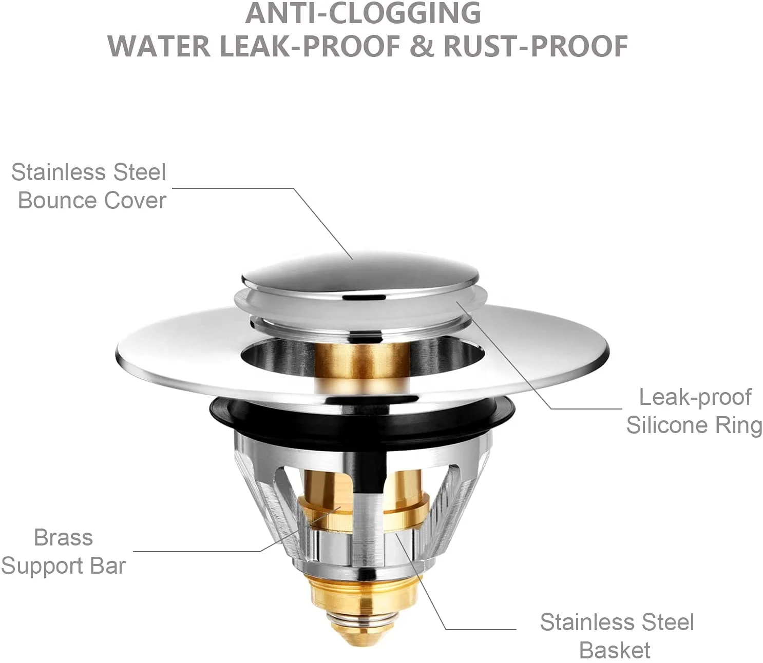 Gagal Upgrade Stainless Steel Bathroom Sink Stopper Anti-Clogging Basin Drain Stopper with Filter Basket Pop-up Plug