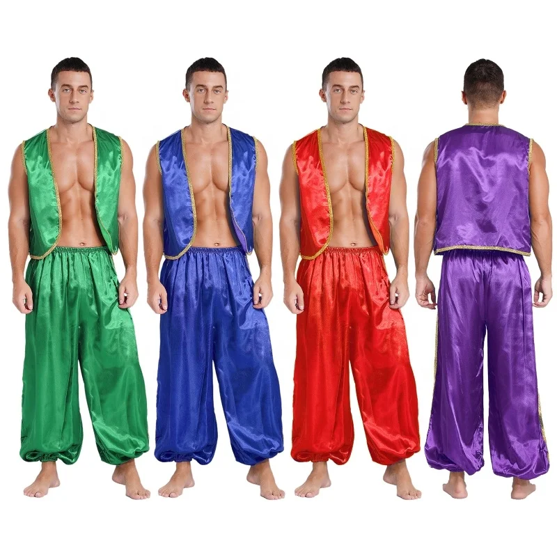 Mens Halloween Arabian Prince Satin Sets Vest Top And Pants Suits For Fairy Tales Cosplay Belly Dance Halloween Stage Costumes