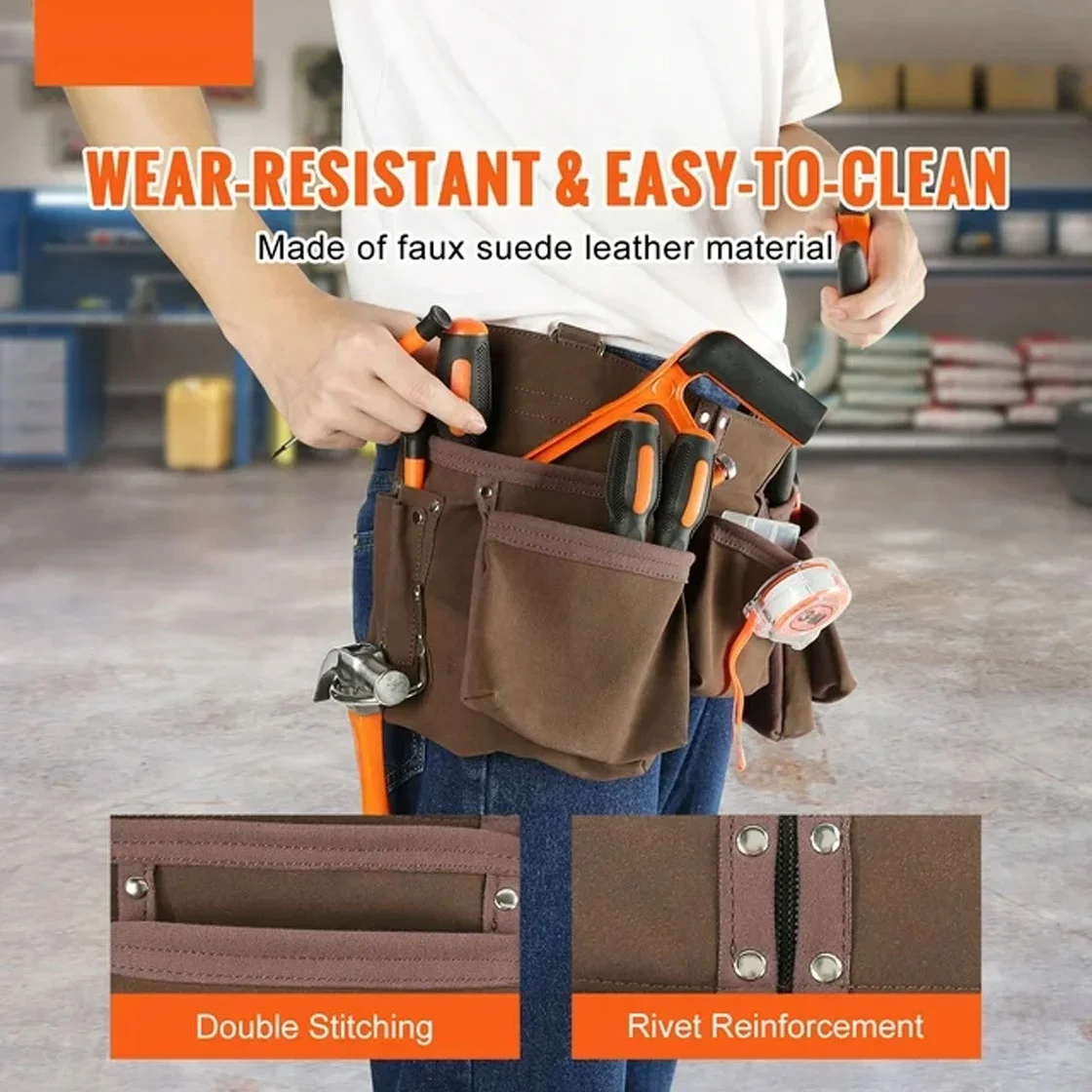 Best Carpenters Tool belt 11 Pockets Suede Leather Tool Belt Portable Adjustable Washable Polyester Waist electrician Tool Bags