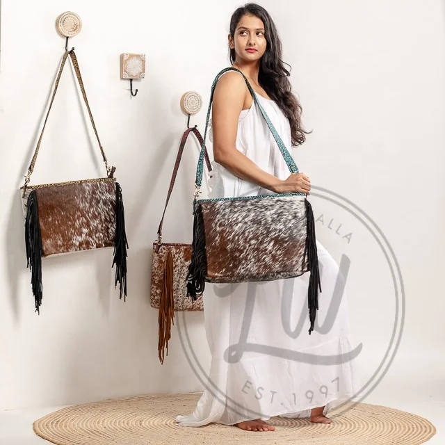 Unique Western Style Tooled Hair On Hide Fur Leather Fringe Tote Bag Women Embossed Color Print Fur Leather Vintage Underarm Bag