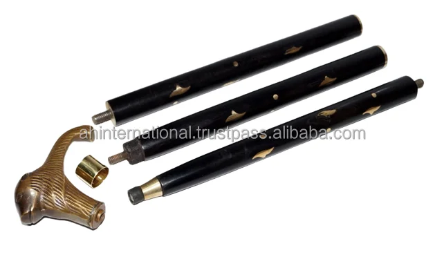 Walking Stick Unisex Men Women, Cane Brass Handle 3 Fold Adjust Black Rose Wood Shaft Easy to Carry Antique Look