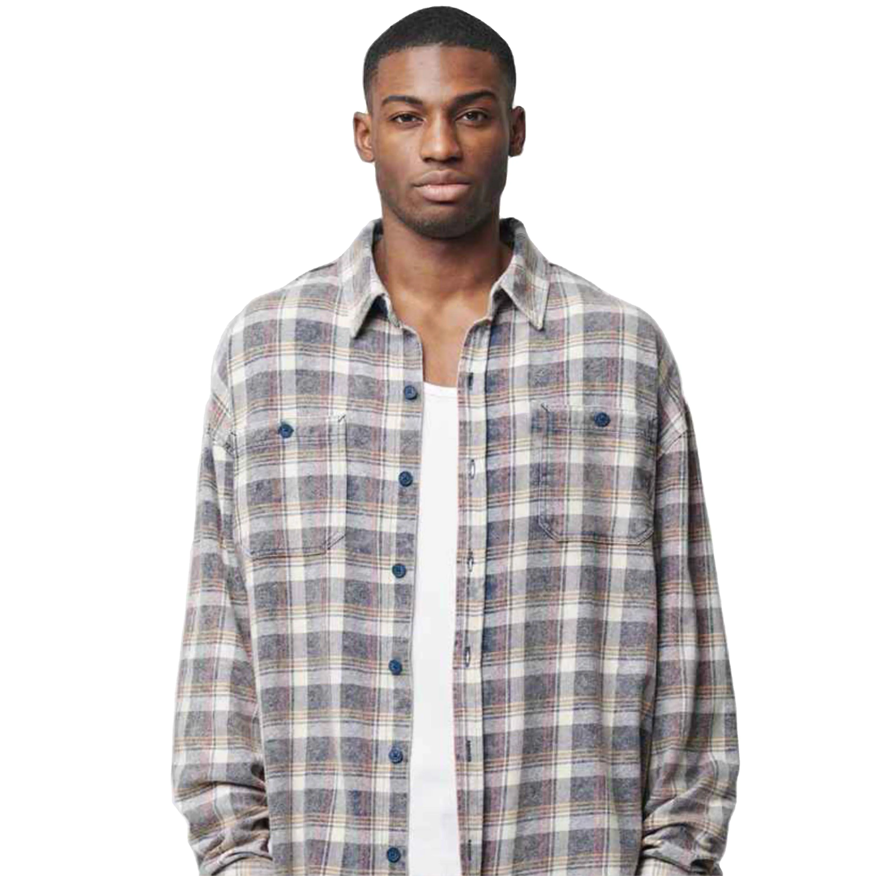 Hot Sale Mens Fashion Button Up Flannel Shirts Heavyweight Checked Plaid Unisex Shirt For Boys