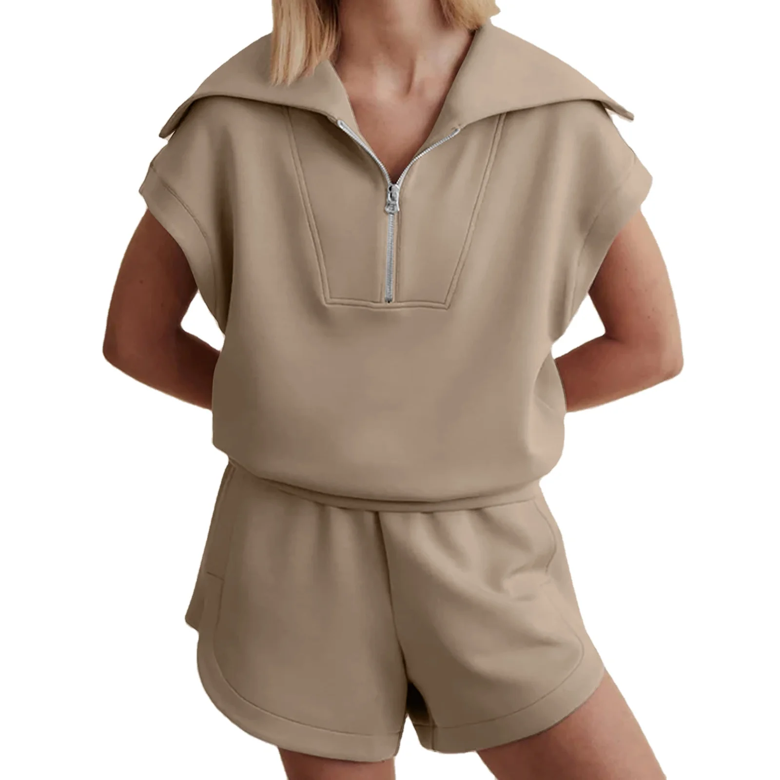 2024 Women clothing casual solid colour half zip top hoodie short sleeve and drawstring high waited shorts tracksuit Sweatshirt