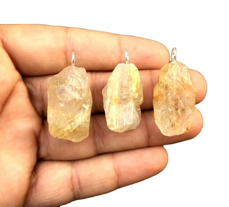 Genuine Beautiful 3 Pieces Natural Golden Rutile Untreated Rough Gemstone 92.5 Sterling Silver Pendant Wholesale