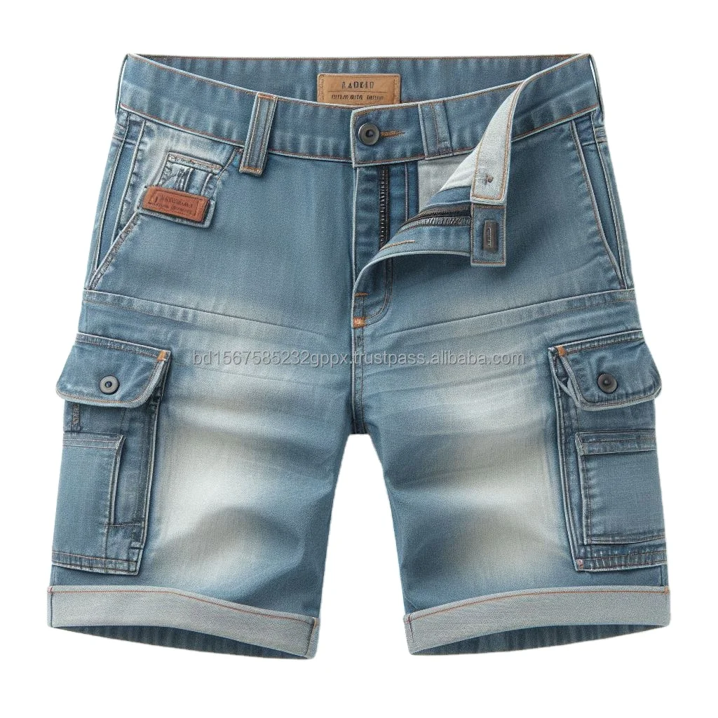 Trendy Dark Washed Denim Cargo Shorts High Quality 8 Pockets Vintage Style Smart Casual for Summer Streetwear Customized Labels