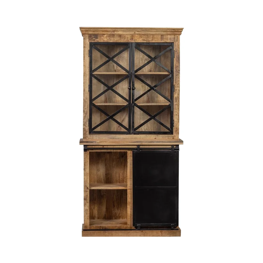 Industrial Vintage Solid Mango Wood Iron Buffet Cabinet with Sliding Door Drawers Glass Panel Dining Home Farmhouse Living Room