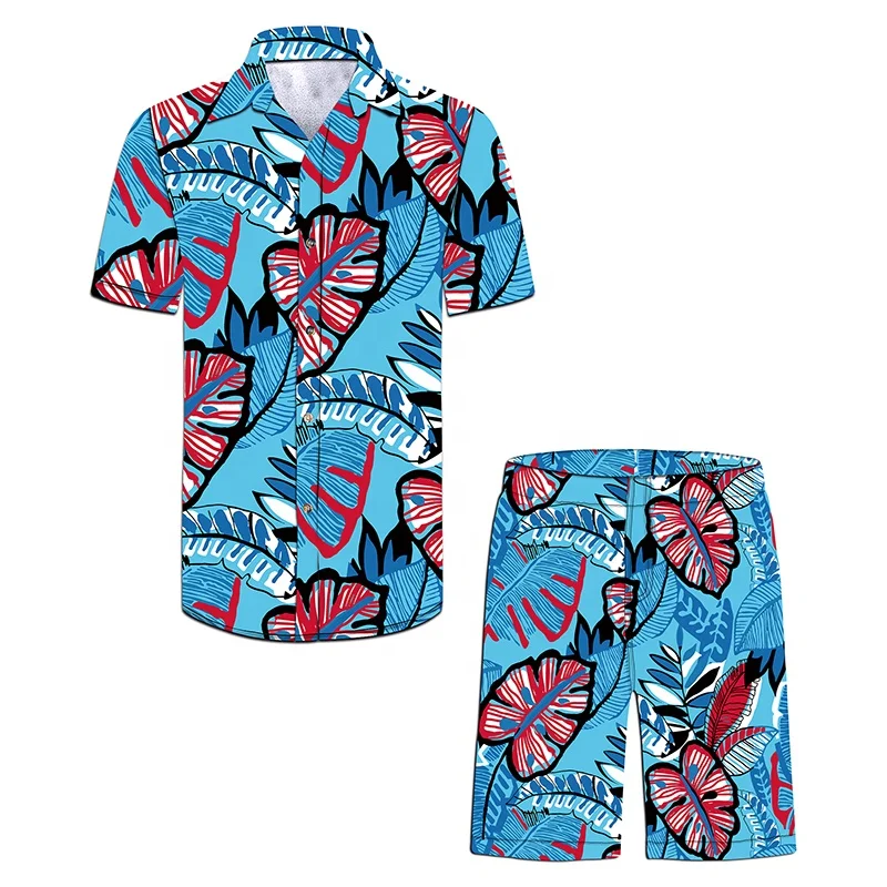 2022 New Design Shirt Printing Men 100%Polyester Custom Beach Wear Casual Hawaiian Men Beach Suit Set