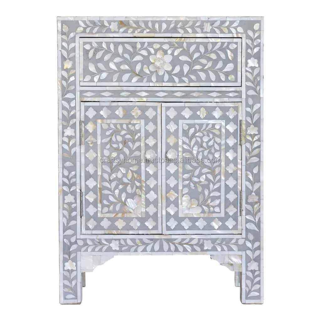 Indian Handmade Floral Bone Inlay Mother of Pearl Inlaid 3 Drawer Side Table Bedroom Living Room Furniture by Craftsy Home