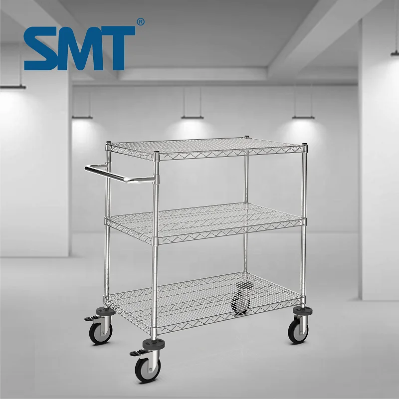 3 Tiers High Quality Cleanroom Mobile utility Storage Cart Stainless Steel SMT Mesh Wire Utility Trolley Cart for Industrial