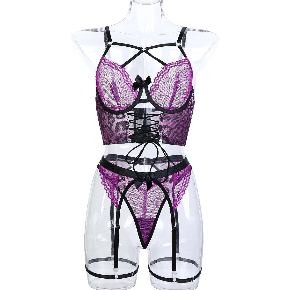 New Design High Quality Attractive Purple Women Sexy Garter Lingerie Set Women Sexy Lace Underwear