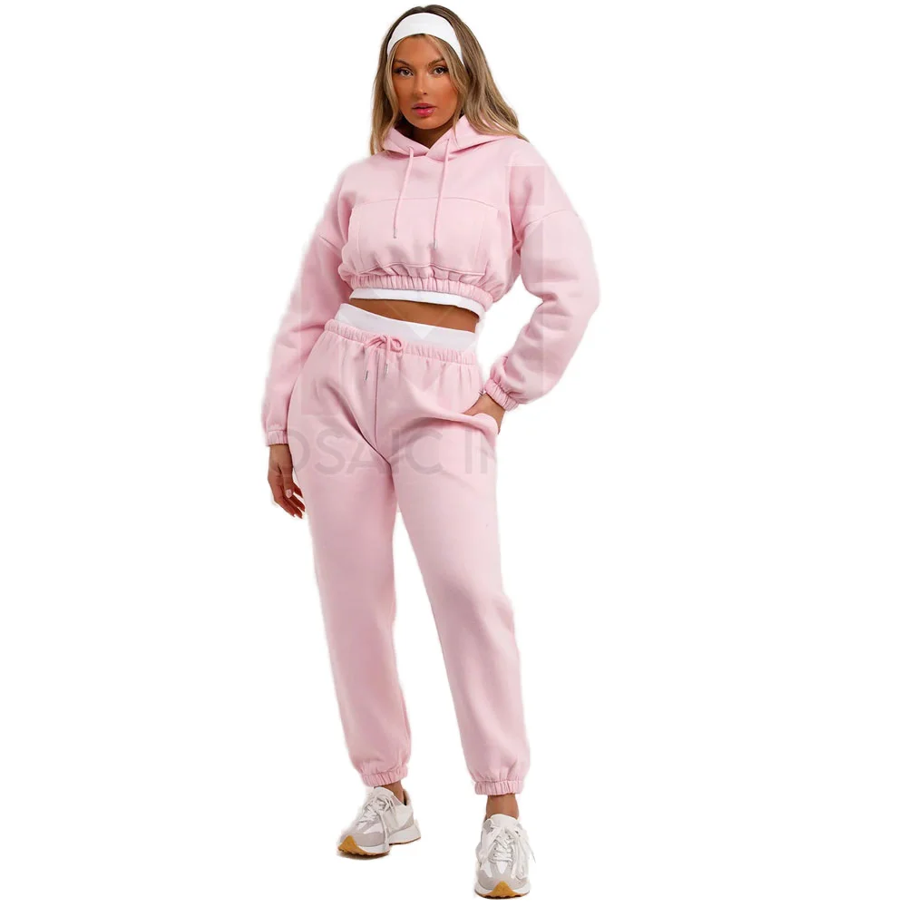 Mosaic Impex Cropped Hoodie Jogger 2 Piece Set Custom Logo Pullover Style Woman Clothing Hooded Collar Crop Tops for Ladies