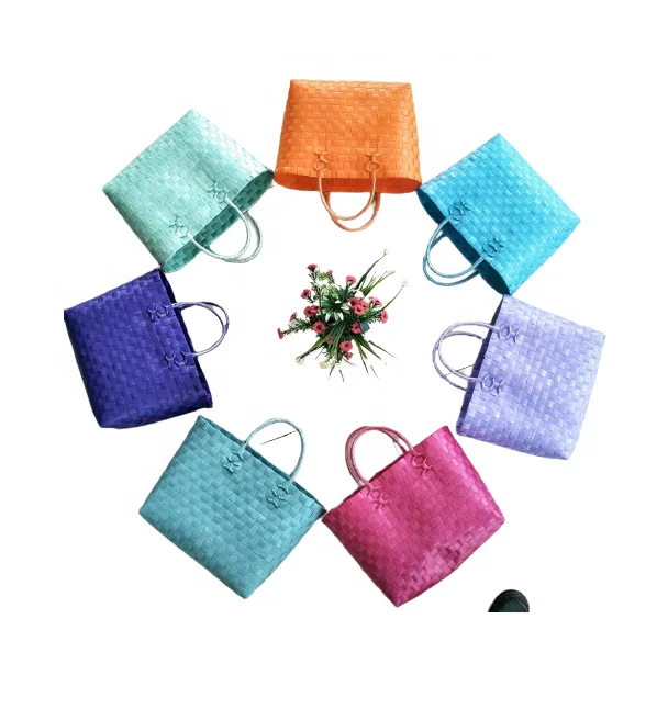 Handwoven Plastic Basket Bag With Leather Handle  - Handmade plastic woven handbag for women Fashion Accessory