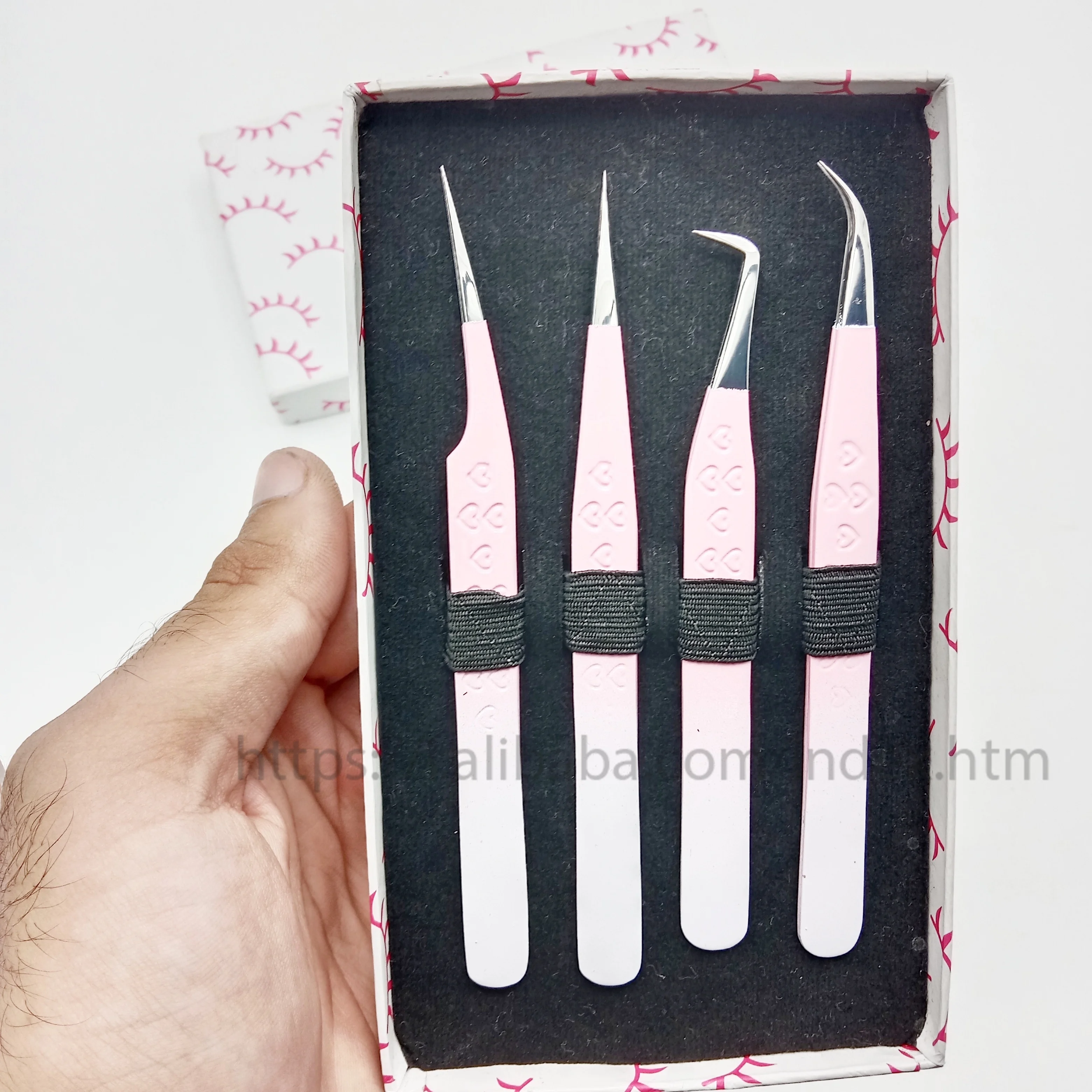Wholesale Eyelash extension tweezer color  light pink color back white silver with high quality eyelash tool kits lash tweezers
