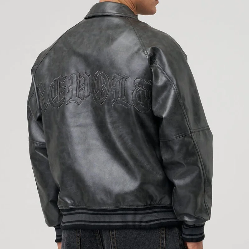 YU JIA factory manufacture winter mens bomber jackets with custom genuine leather chenille embroidery motorcycle riding jacket
