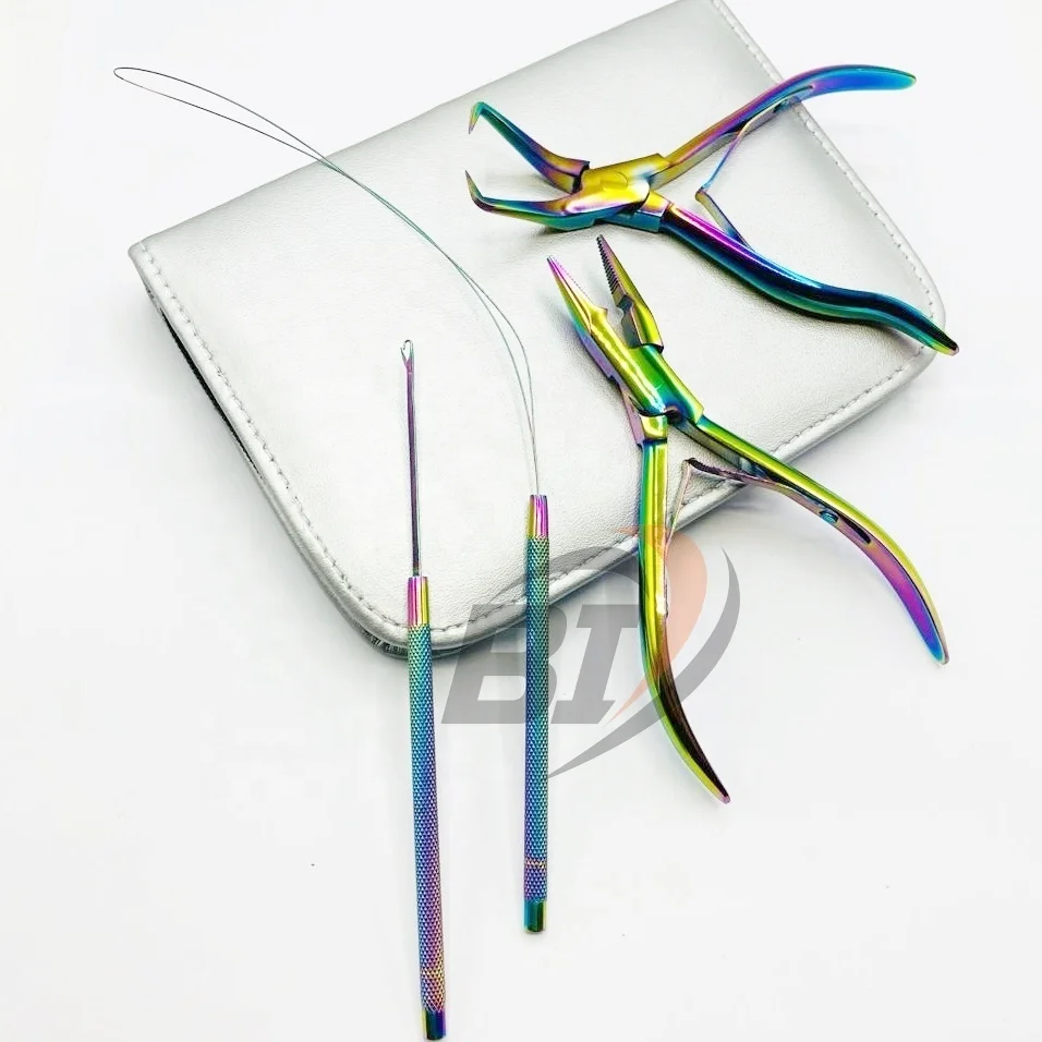 Hair Extension Microlink and Opener Pliers Rainbow Plasma Sustainable Loop , Hook Custom Logo Hair Extension Tools Kit