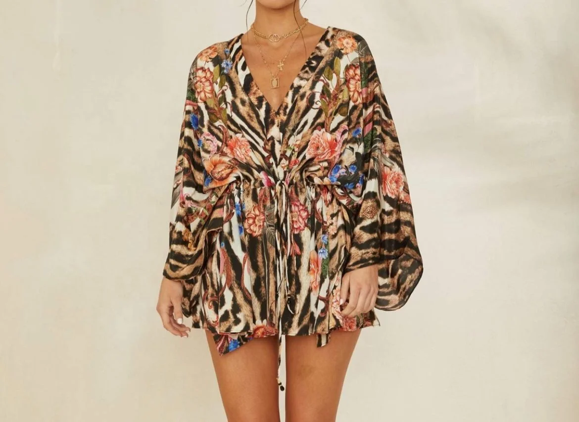 vintage summer Block Printed short kaftan With waist Tie String casual woman holiday beach party wear short kaftan