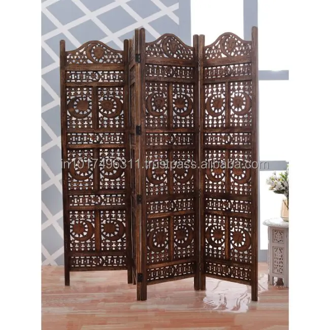 Handcrafted 4 Panel Wooden Room Partition & Divider ( Brown) Solid Wood Decorative Screen (Free