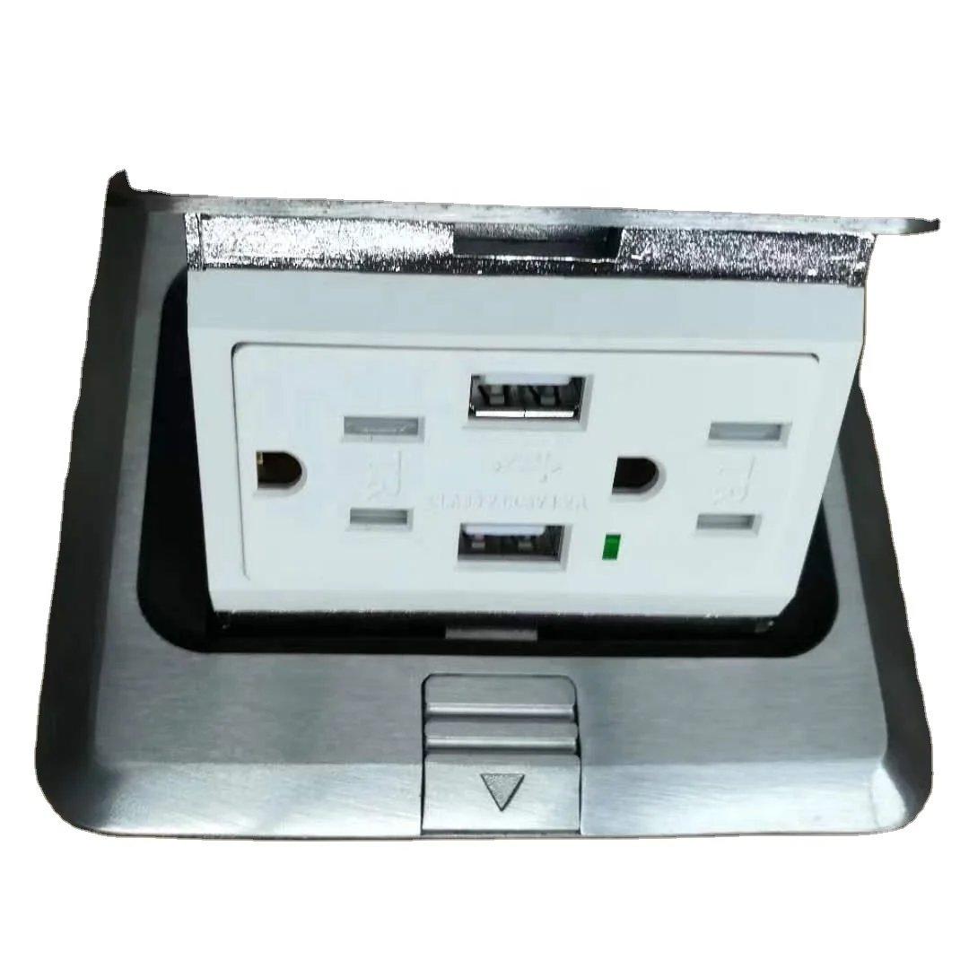 Pop Up Floor Electrical Socket Multi Power Socket Outlet Receptacle Stainless Steel Box Silver Cover with USB Chargers