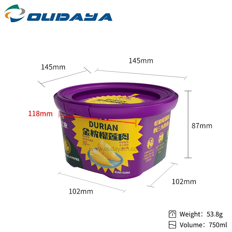 750ml new product customized IML printing pp container plastic box for packing durian ice cream yogurt