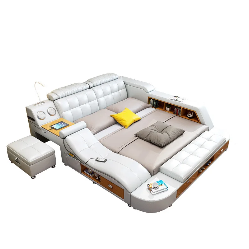 Modern leather Fabric Bed with Storage Box function Bedroom Furniture set massage multimedia speaker USB charger