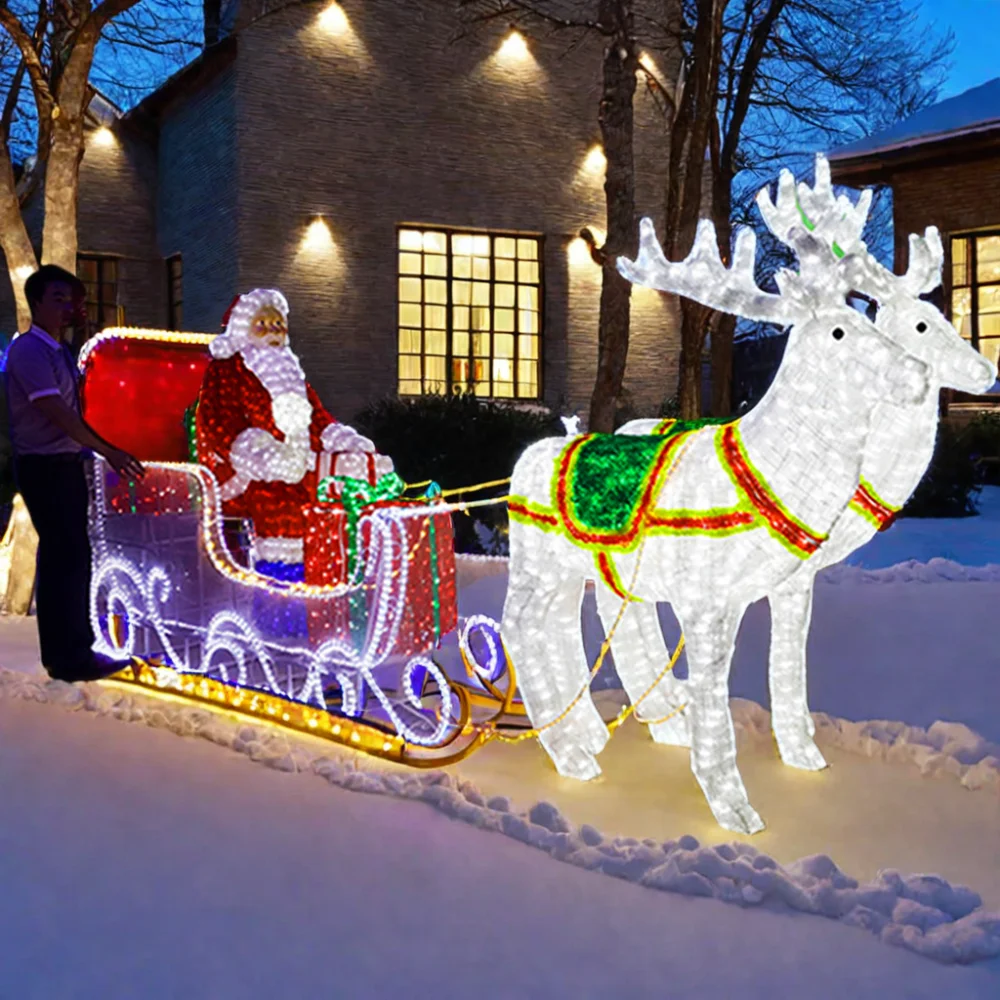 Outdoor holiday Lighted life size Acrylic 3D Large Deer Decorations Led Christmas Motif Light santa claus sleigh with reindeer