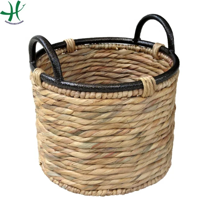 Round water hyacinth storage basket with metal handles and natural color Storage Boxes & Bins