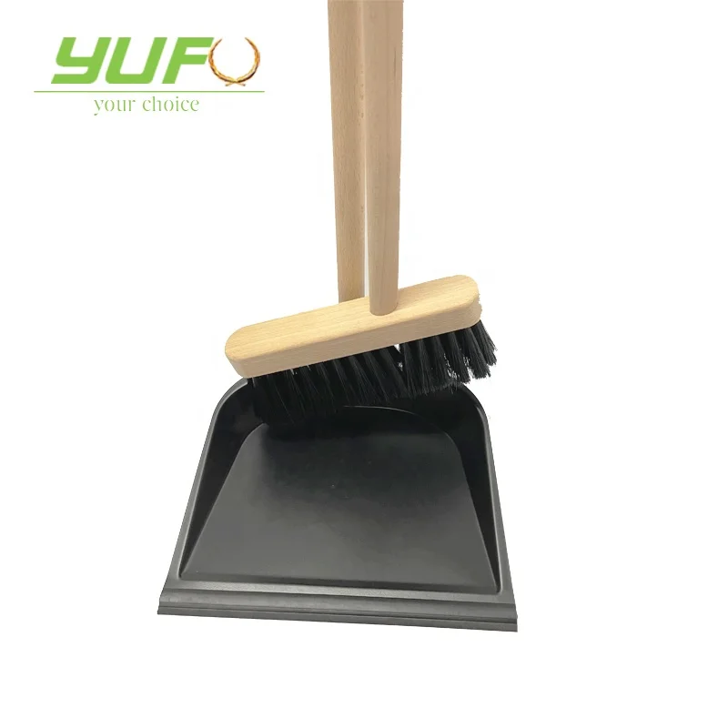 magic standing long handle natural Beech wood high elastic PBT fiber cleaning broom with iron dustpan set home hotel sweeping